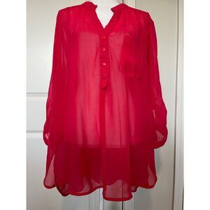 Dots Sheer Red Button-Up Blouse 3X Roll Tab Sleeves Tunic Plus